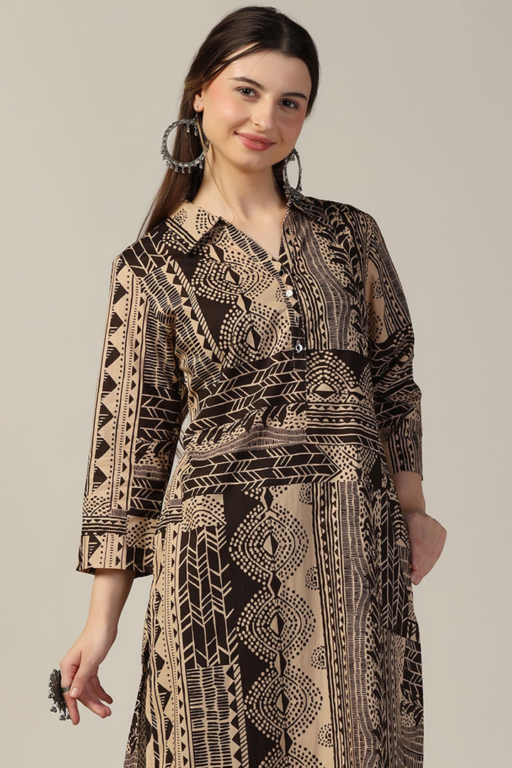 Beige &amp; Brown Printed Cotton Kurti