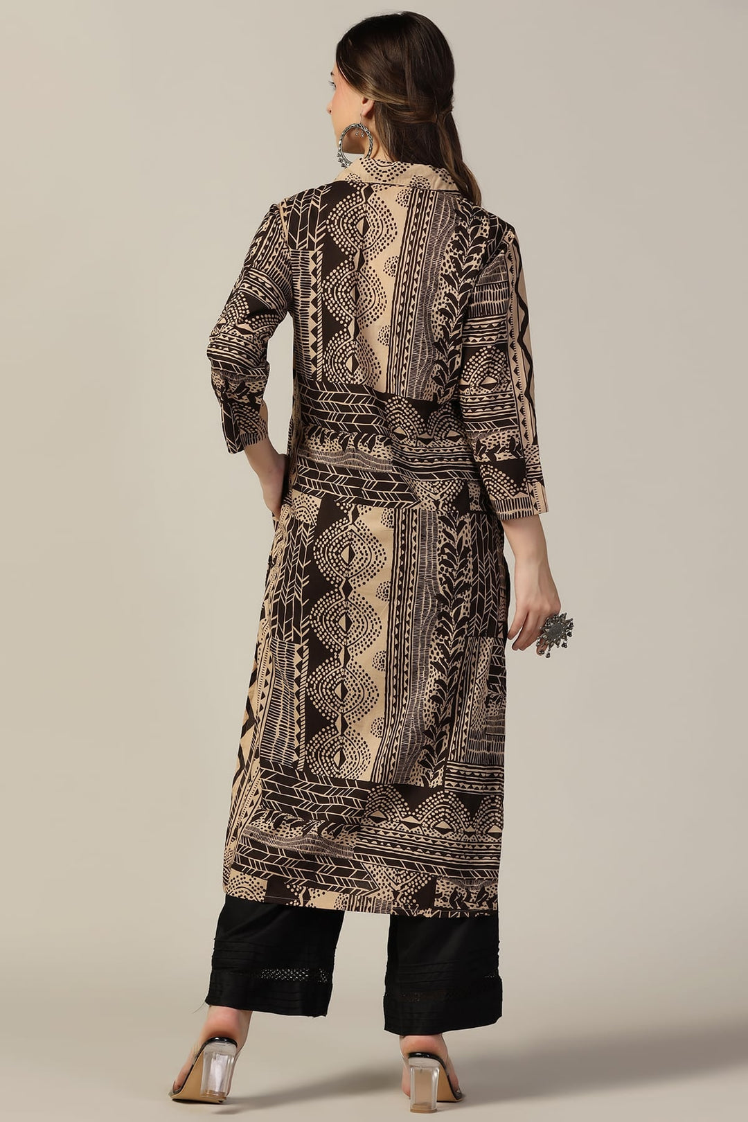 Beige &amp; Brown Printed Cotton Kurti