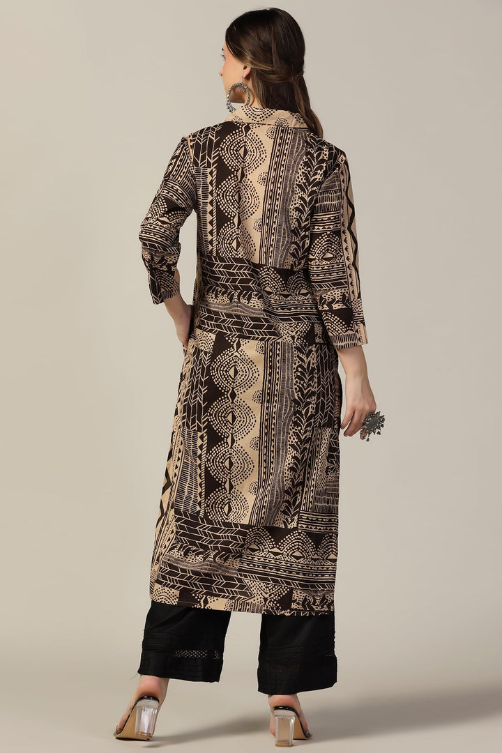 Beige &amp; Brown Printed Cotton Kurti