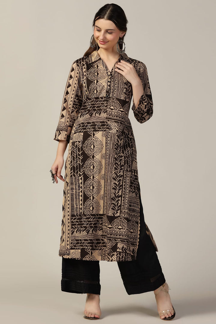Beige &amp; Brown Printed Cotton Kurti