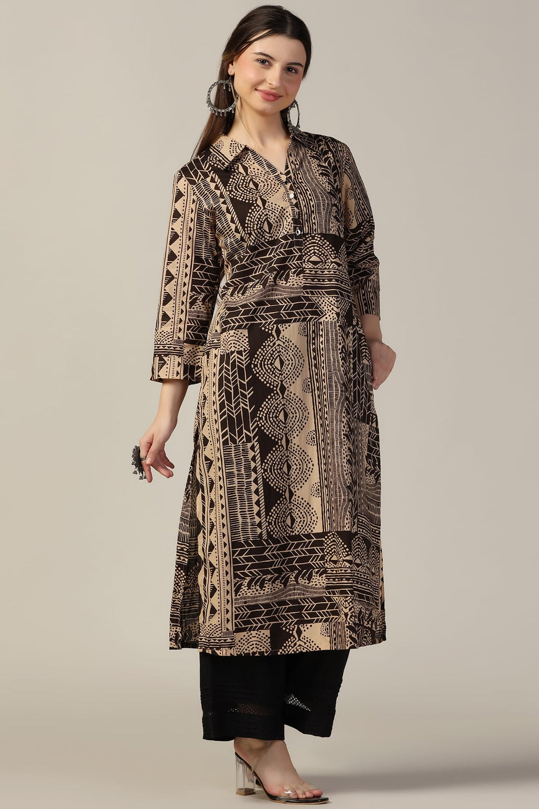 Beige &amp; Brown Printed Cotton Kurti