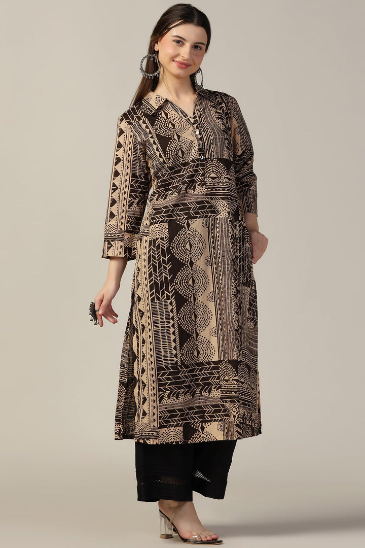 Beige &amp; Brown Printed Cotton Kurti