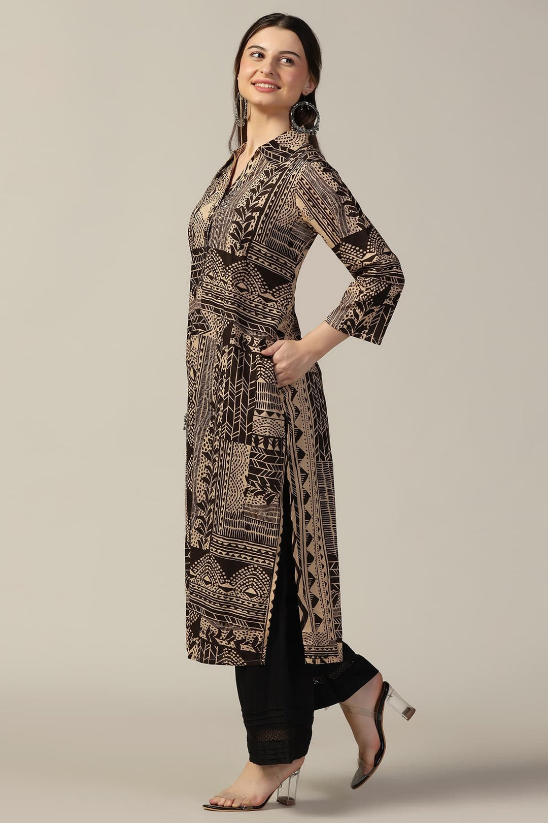 Beige &amp; Brown Printed Cotton Kurti