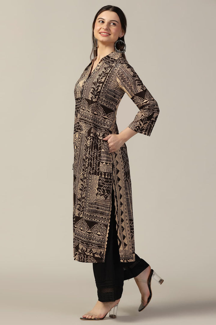 Beige &amp; Brown Printed Cotton Kurti