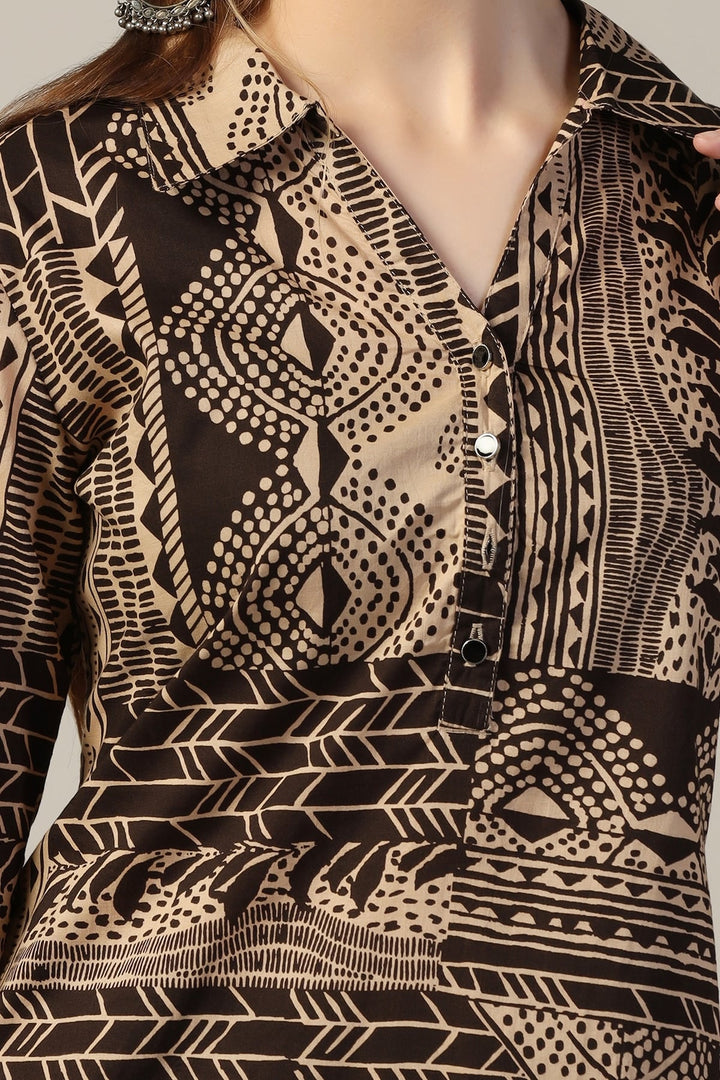 Beige &amp; Brown Printed Cotton Kurti