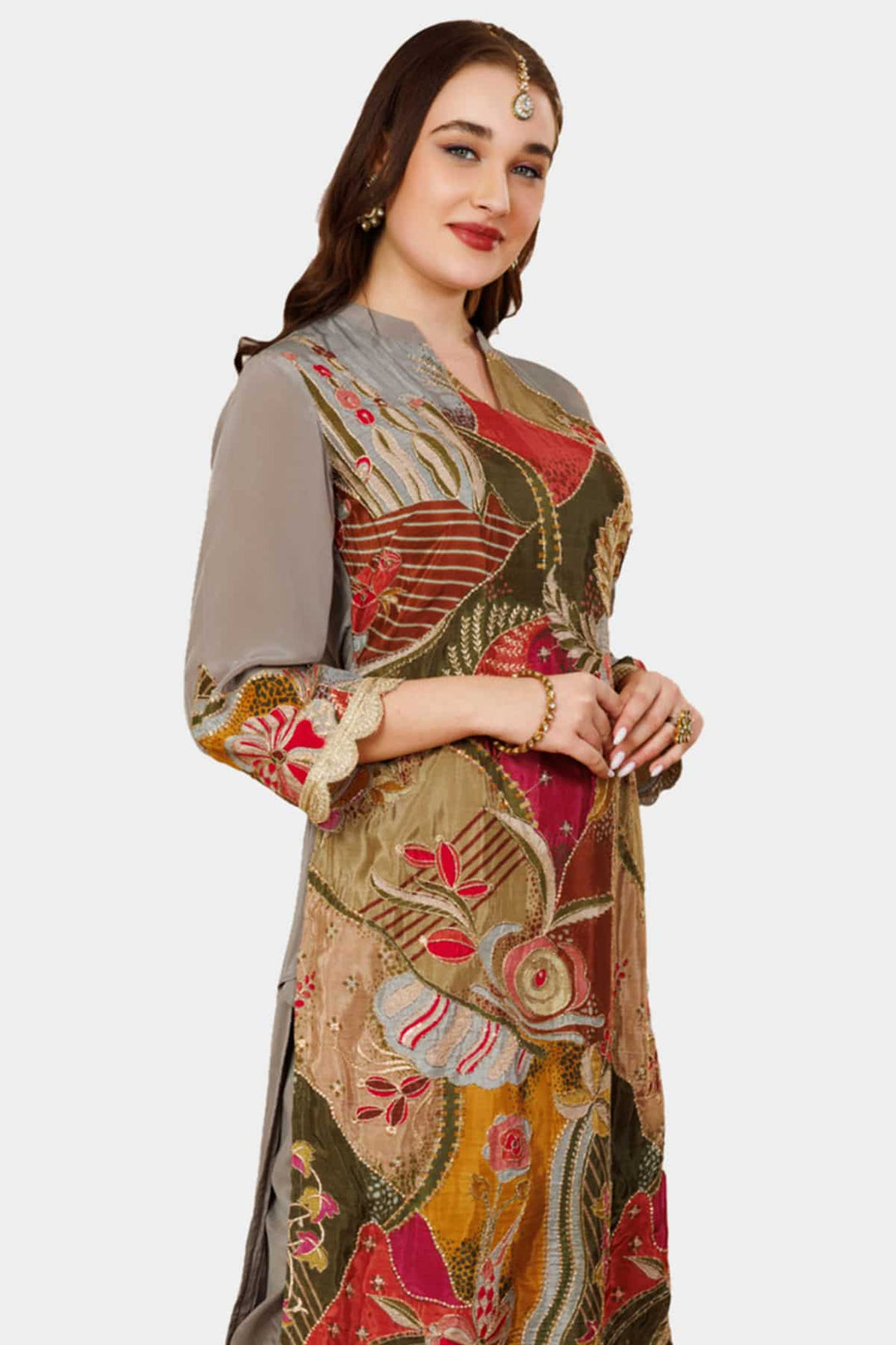 Brown Embellished Ensemble Kurti