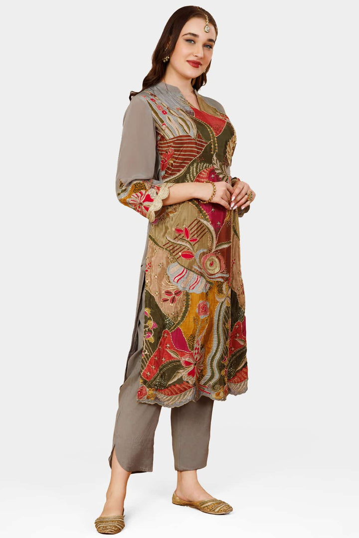Brown Embellished Ensemble Kurti