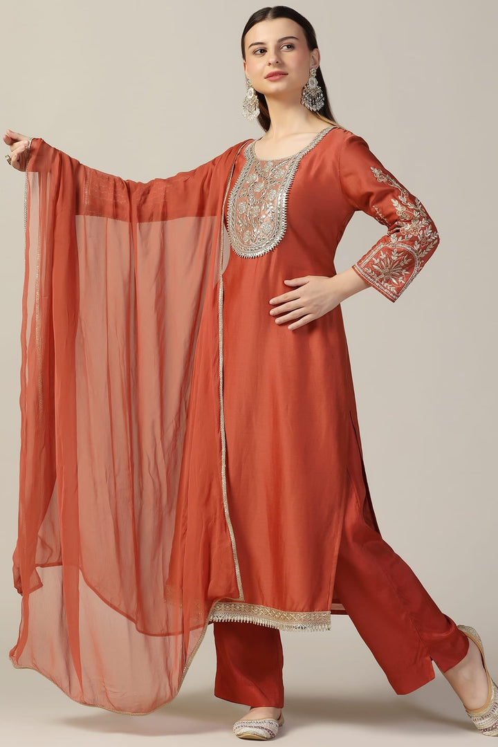 Rust Embellished Chanderi Kurti