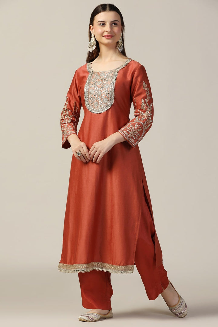 Rust Embellished Chanderi Kurti