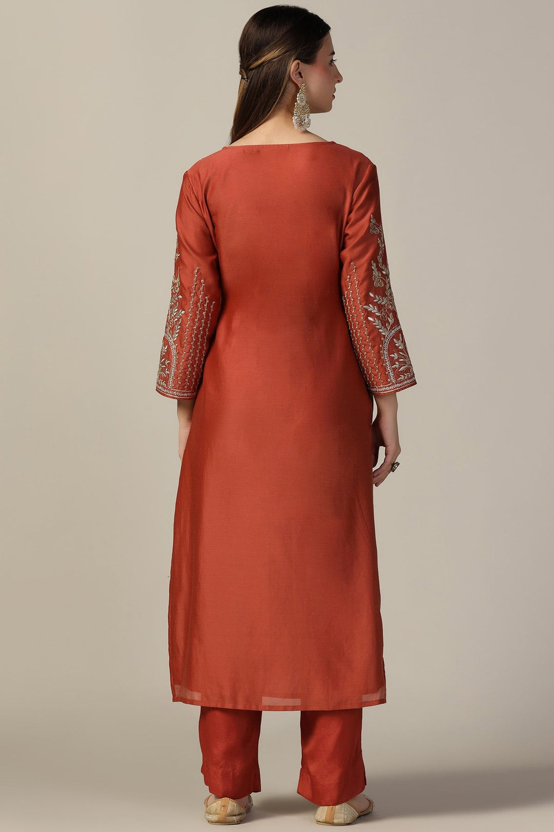 Rust Embellished Chanderi Kurti