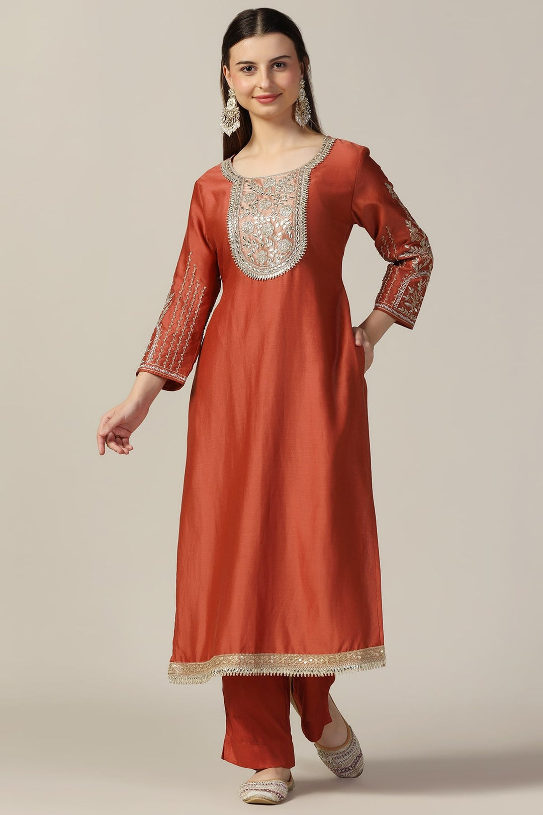 Rust Embellished Chanderi Kurti
