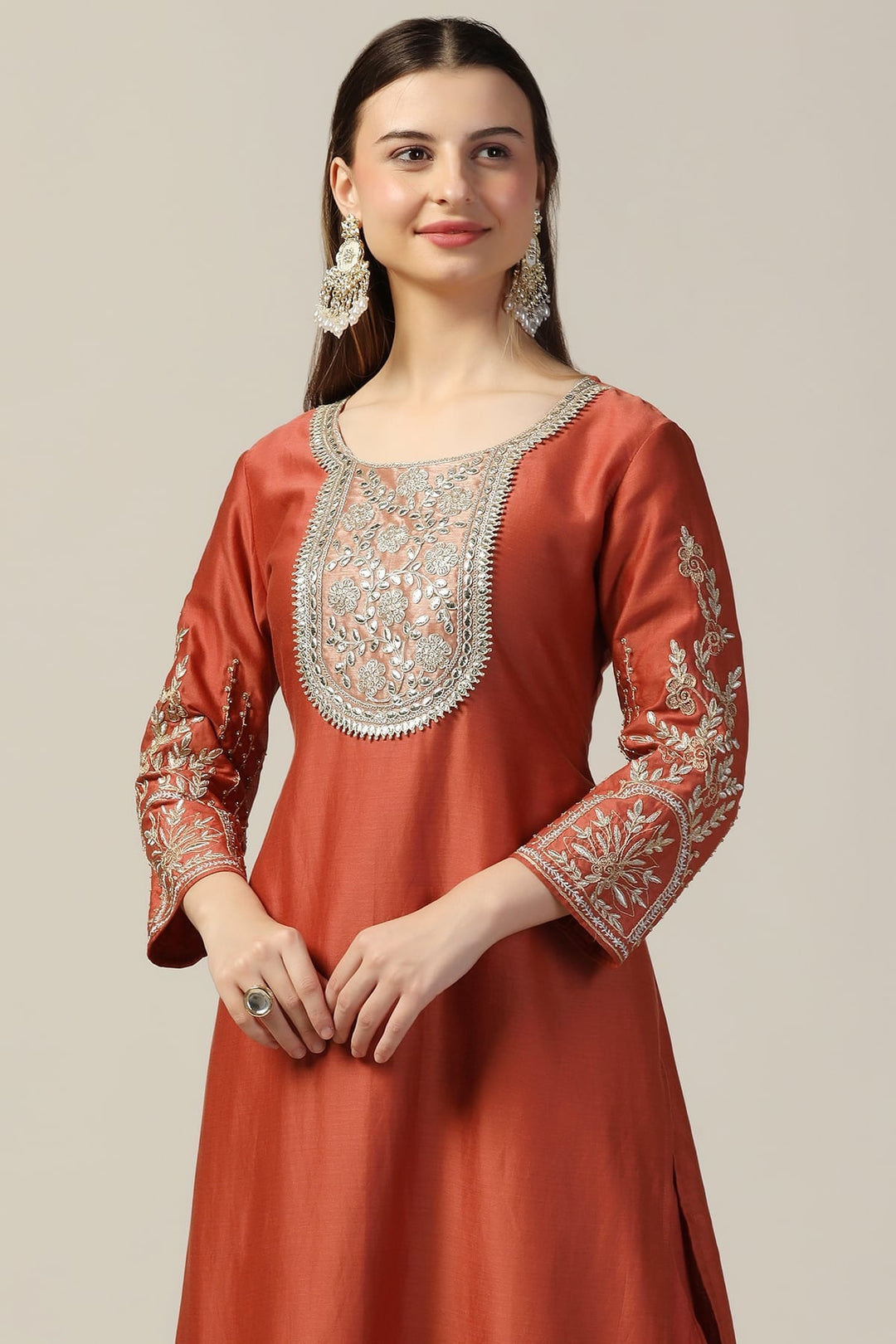 Rust Embellished Chanderi Kurti