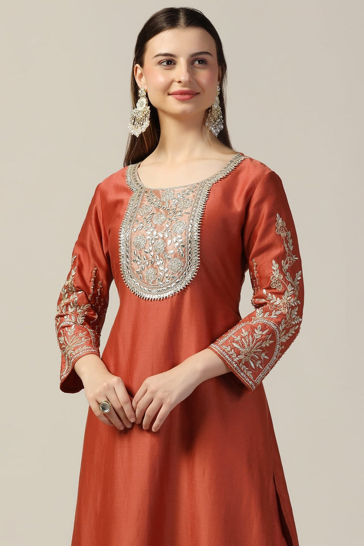 Rust Embellished Chanderi Kurti