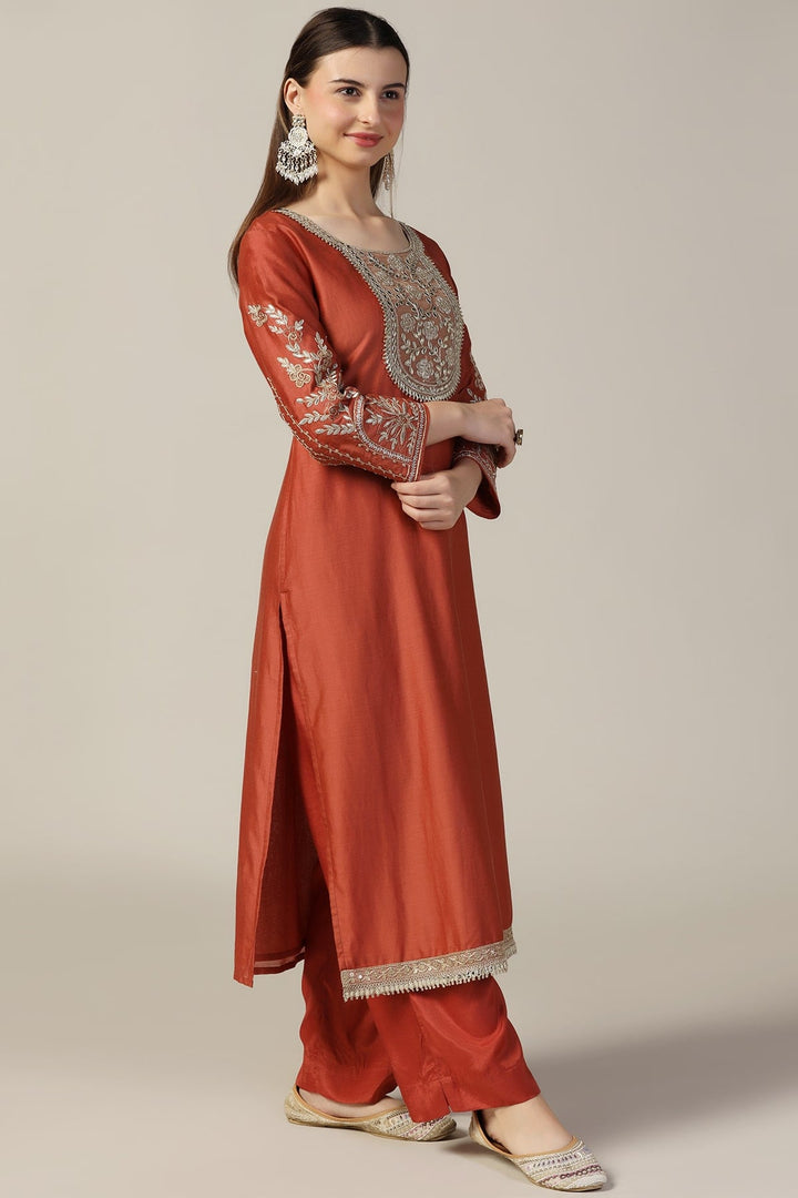 Rust Embellished Chanderi Kurti