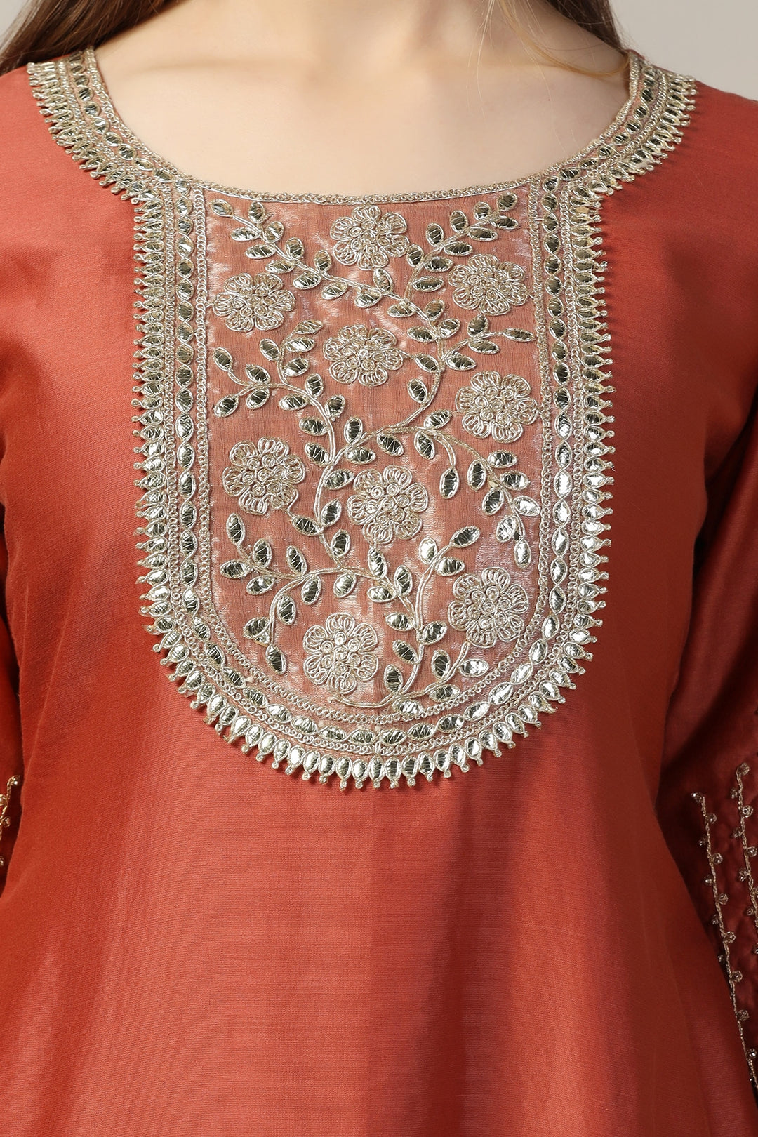 Rust Embellished Chanderi Kurti