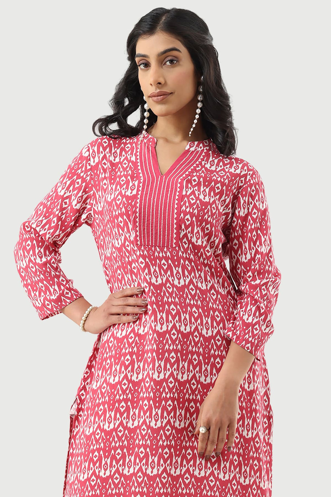 Coral Red Printed Rayon Kurti with Mandarin Collar