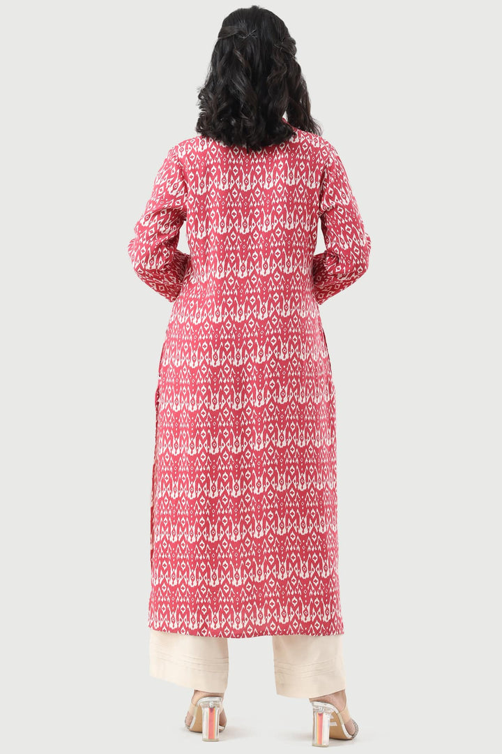 Coral Red Printed Rayon Kurti with Mandarin Collar