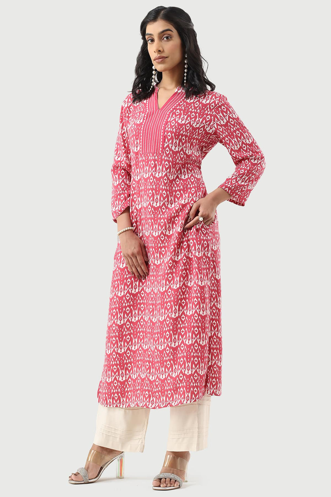 Coral Red Printed Rayon Kurti with Mandarin Collar