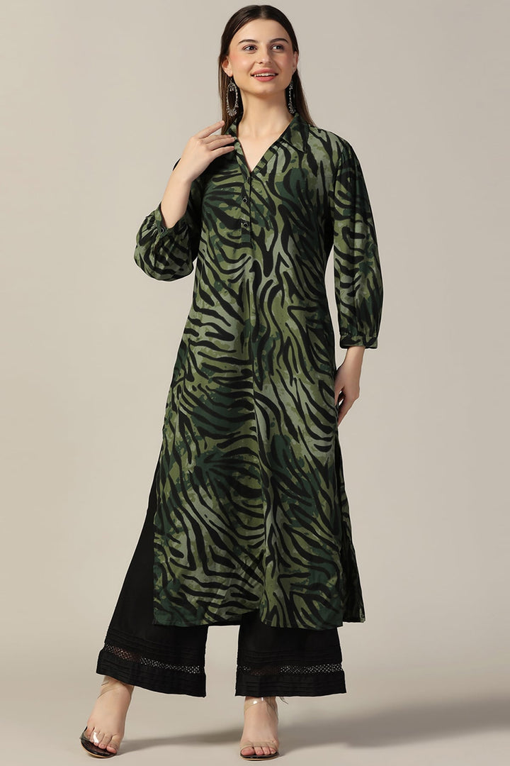 Green Printed Rayon Collared Kurti