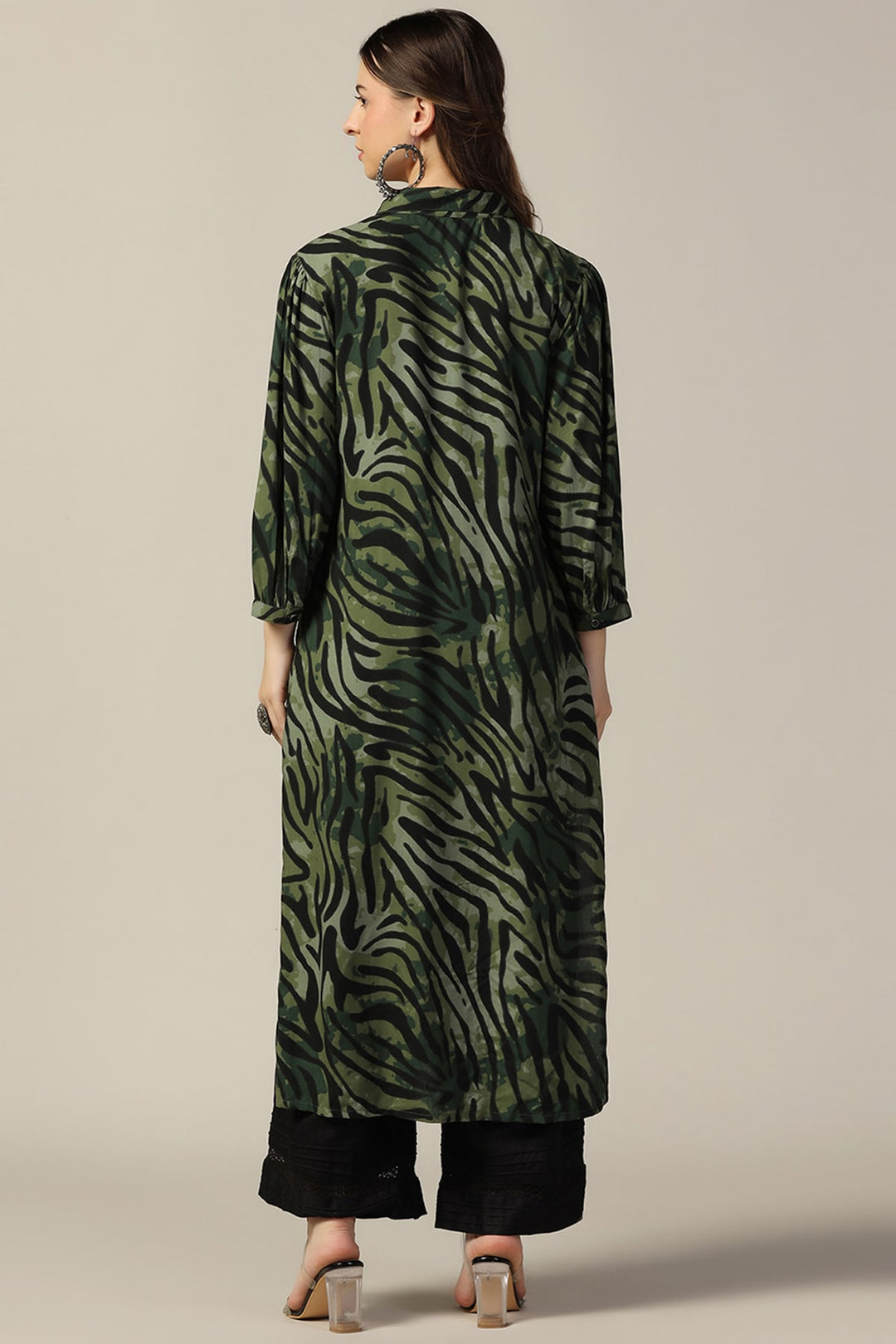Green Printed Rayon Collared Kurti