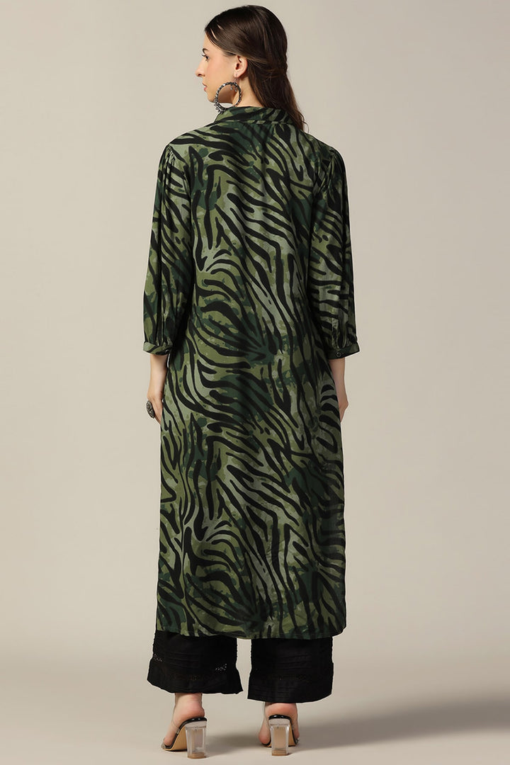 Green Printed Rayon Collared Kurti