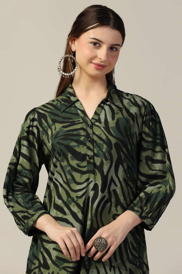 Green Printed Rayon Collared Kurti