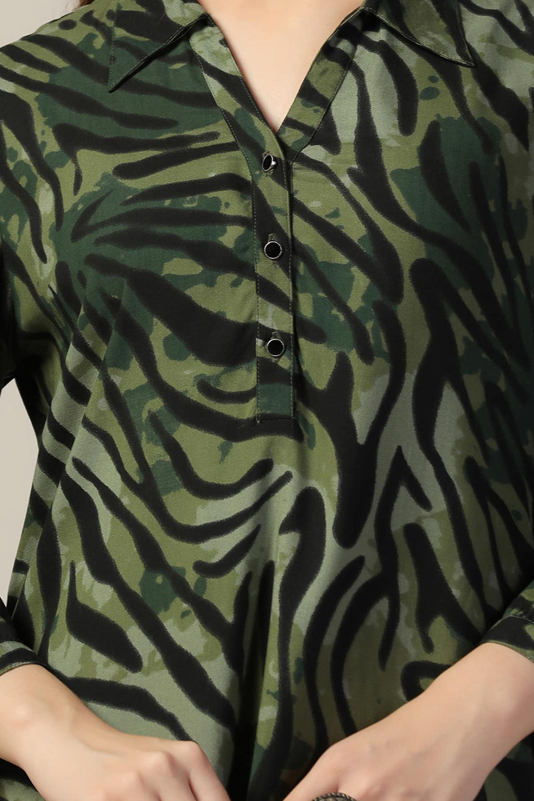Green Printed Rayon Collared Kurti