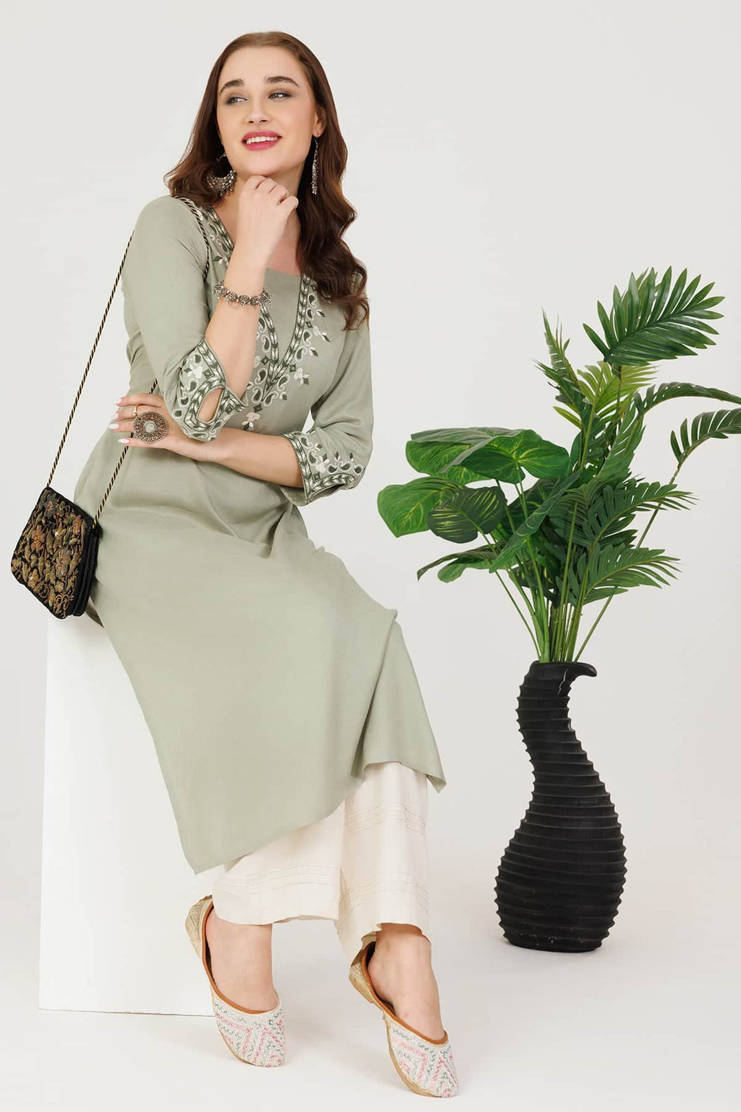 Sage Green Embroidered V-Neck Kurti