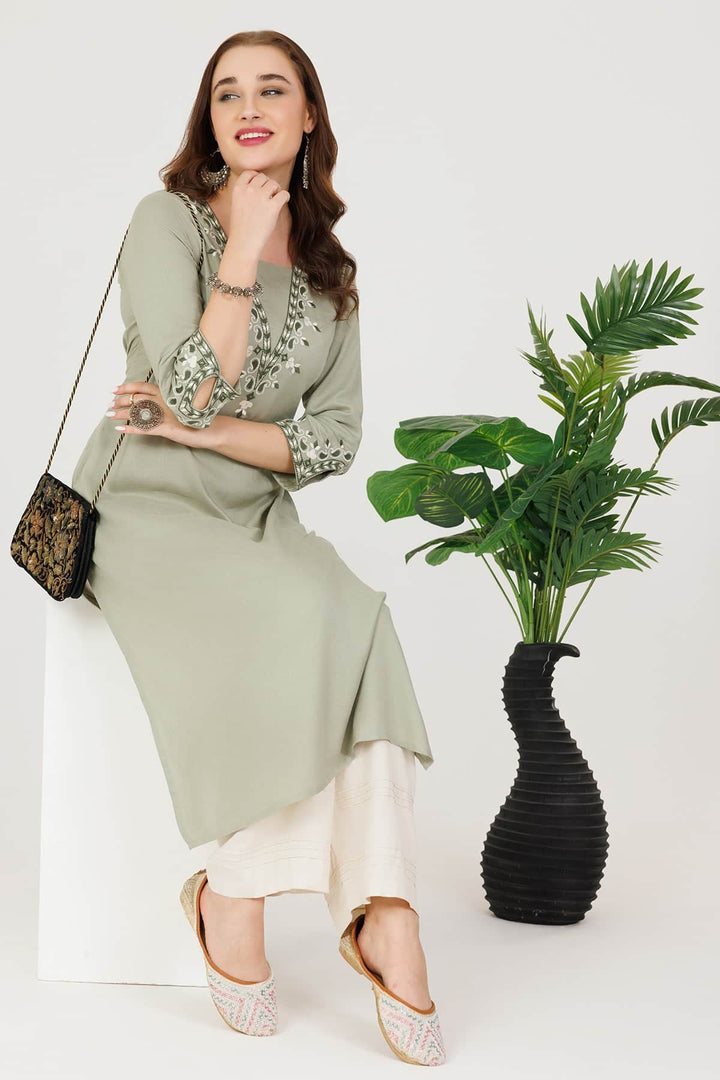 Sage Green Embroidered V-Neck Kurti