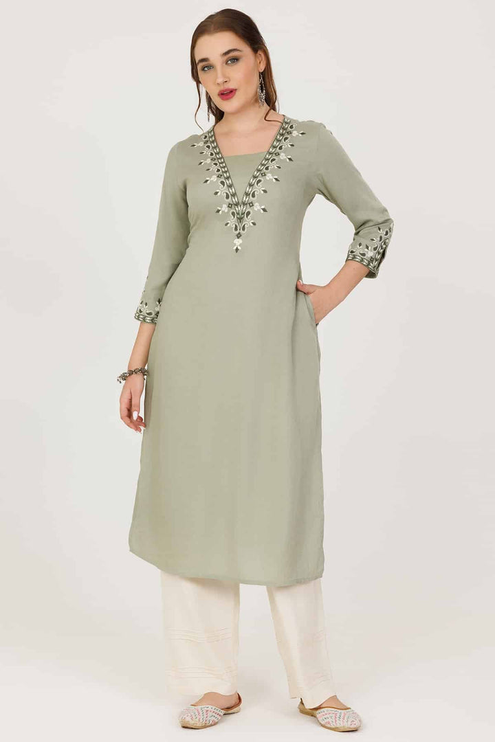 Sage Green Embroidered V-Neck Kurti