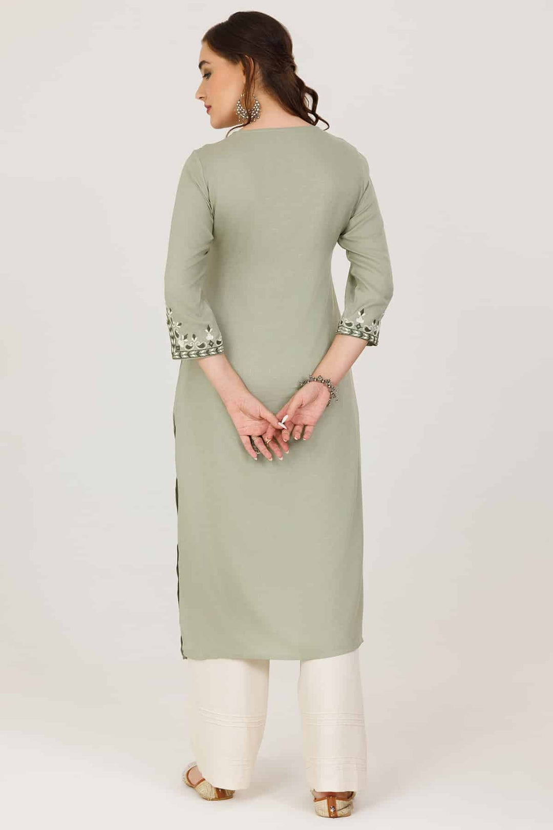 Sage Green Embroidered V-Neck Kurti