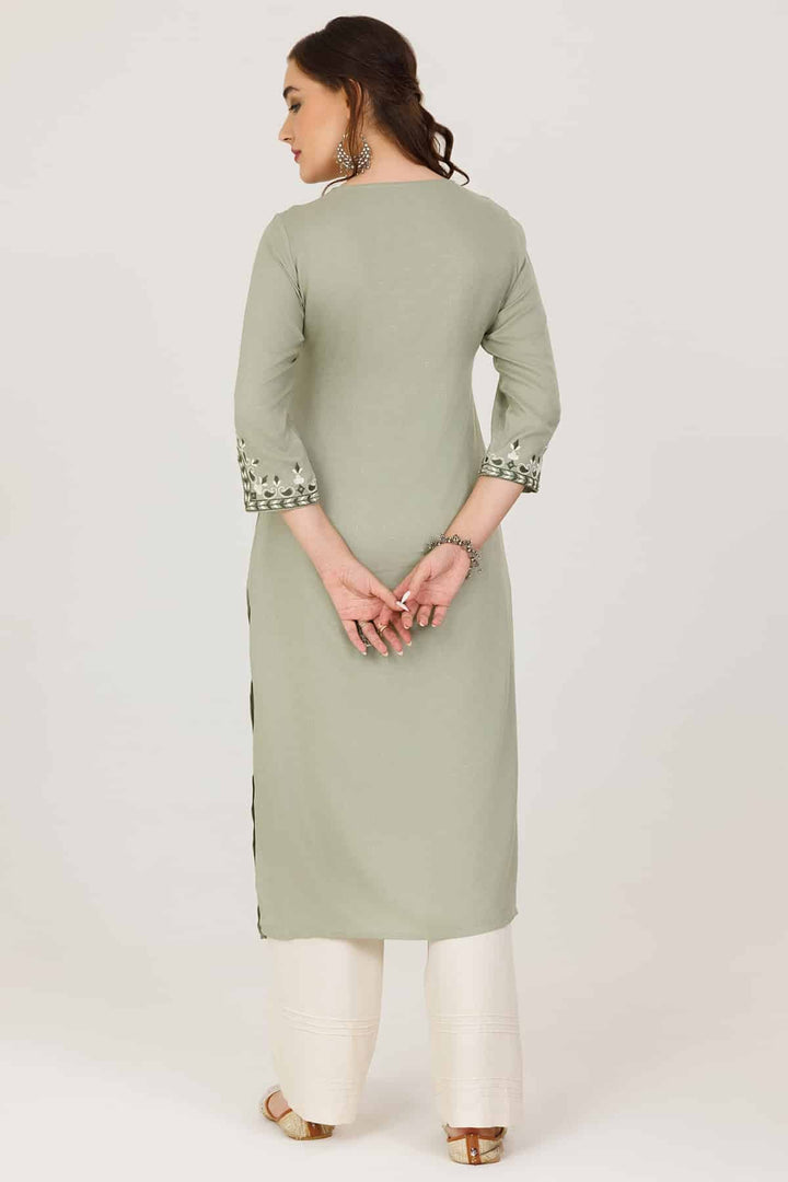 Sage Green Embroidered V-Neck Kurti