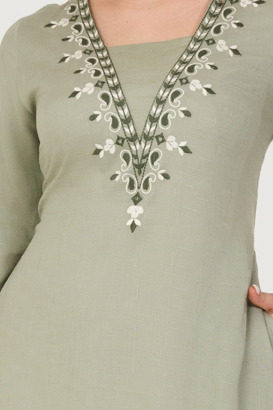 Sage Green Embroidered V-Neck Kurti