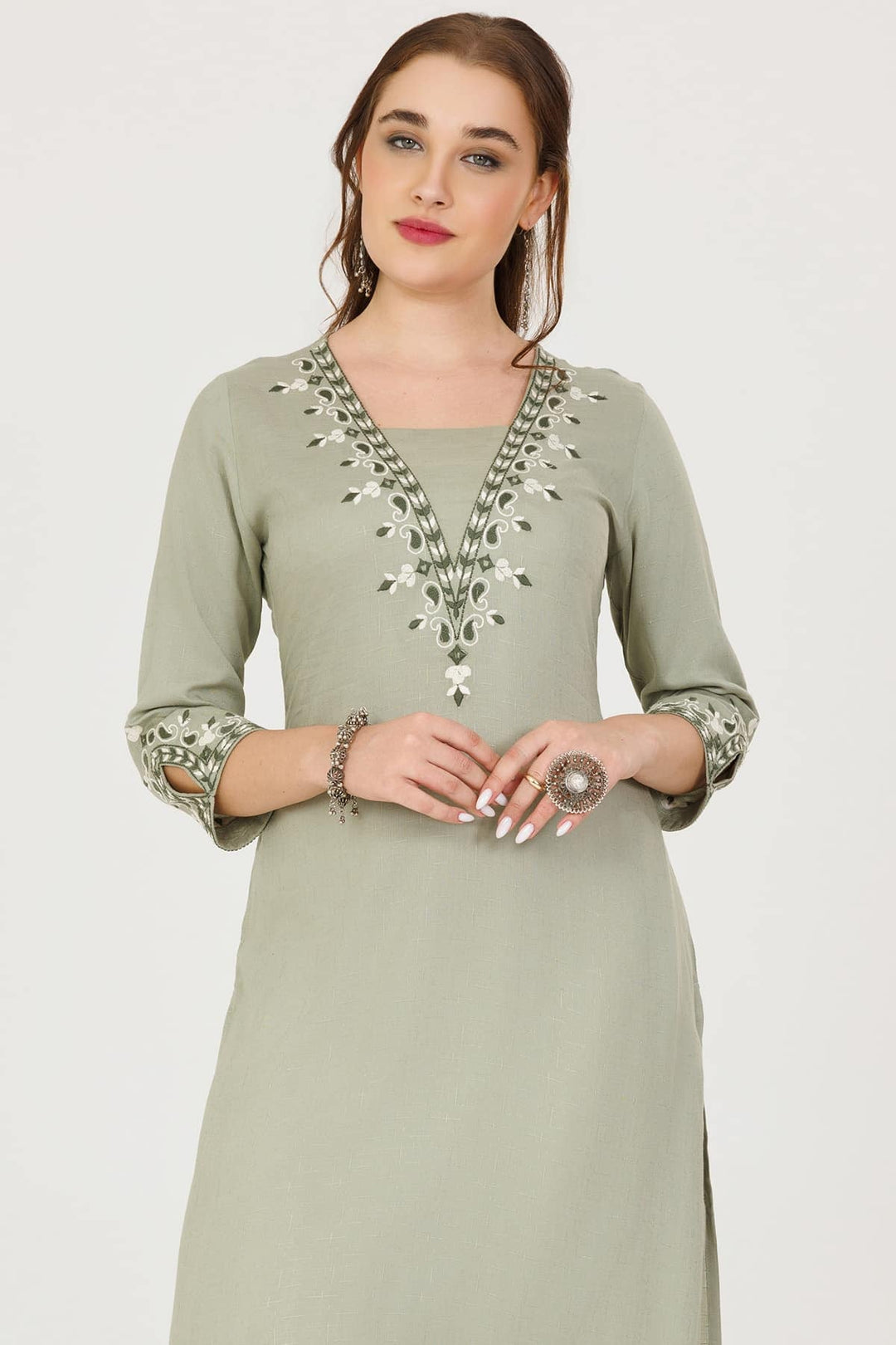 Sage Green Embroidered V-Neck Kurti
