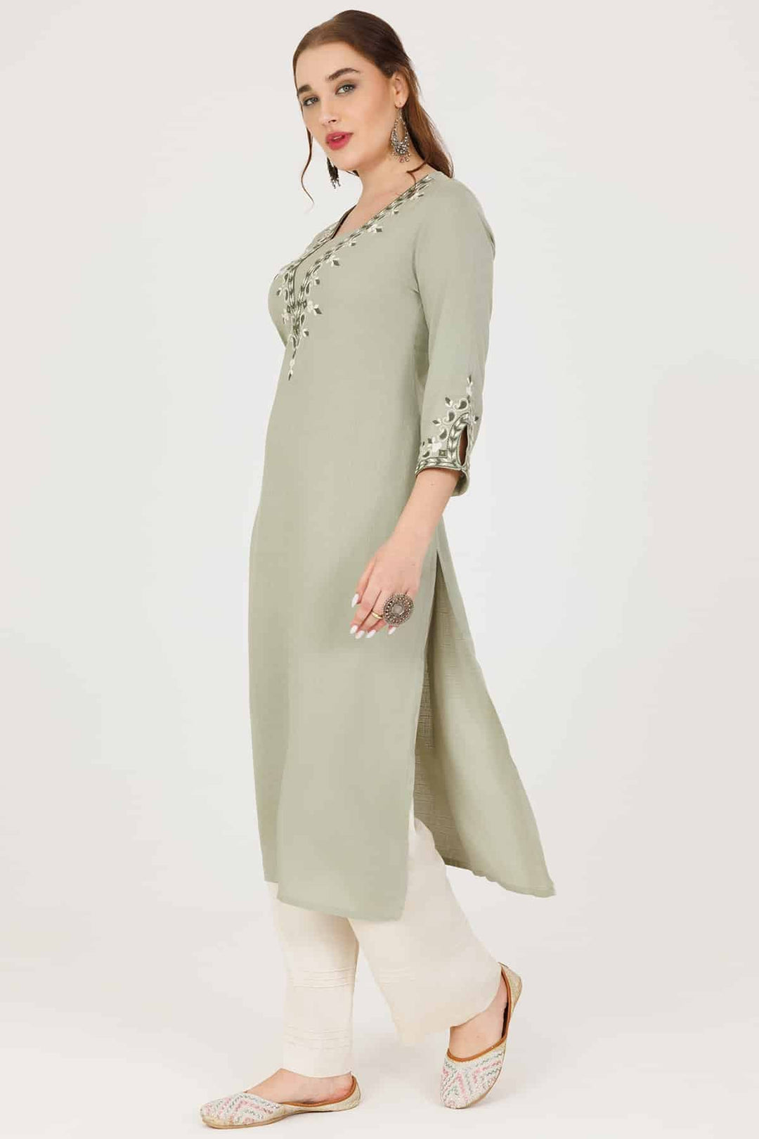 Sage Green Embroidered V-Neck Kurti