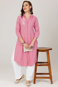 Pink Twill Stripe Winter Kurti with Embroidery and Front Slit