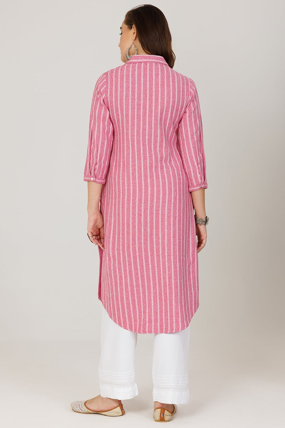 Pink Twill Stripe Winter Kurti with Embroidery and Front Slit
