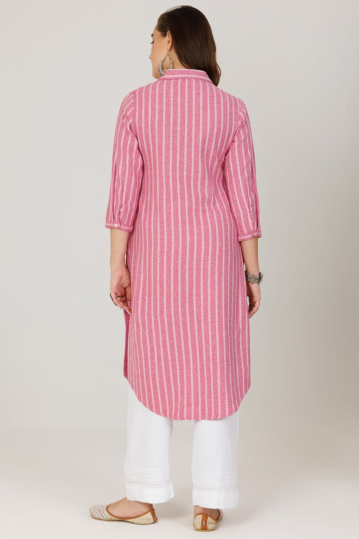Pink Twill Stripe Winter Kurti with Embroidery and Front Slit
