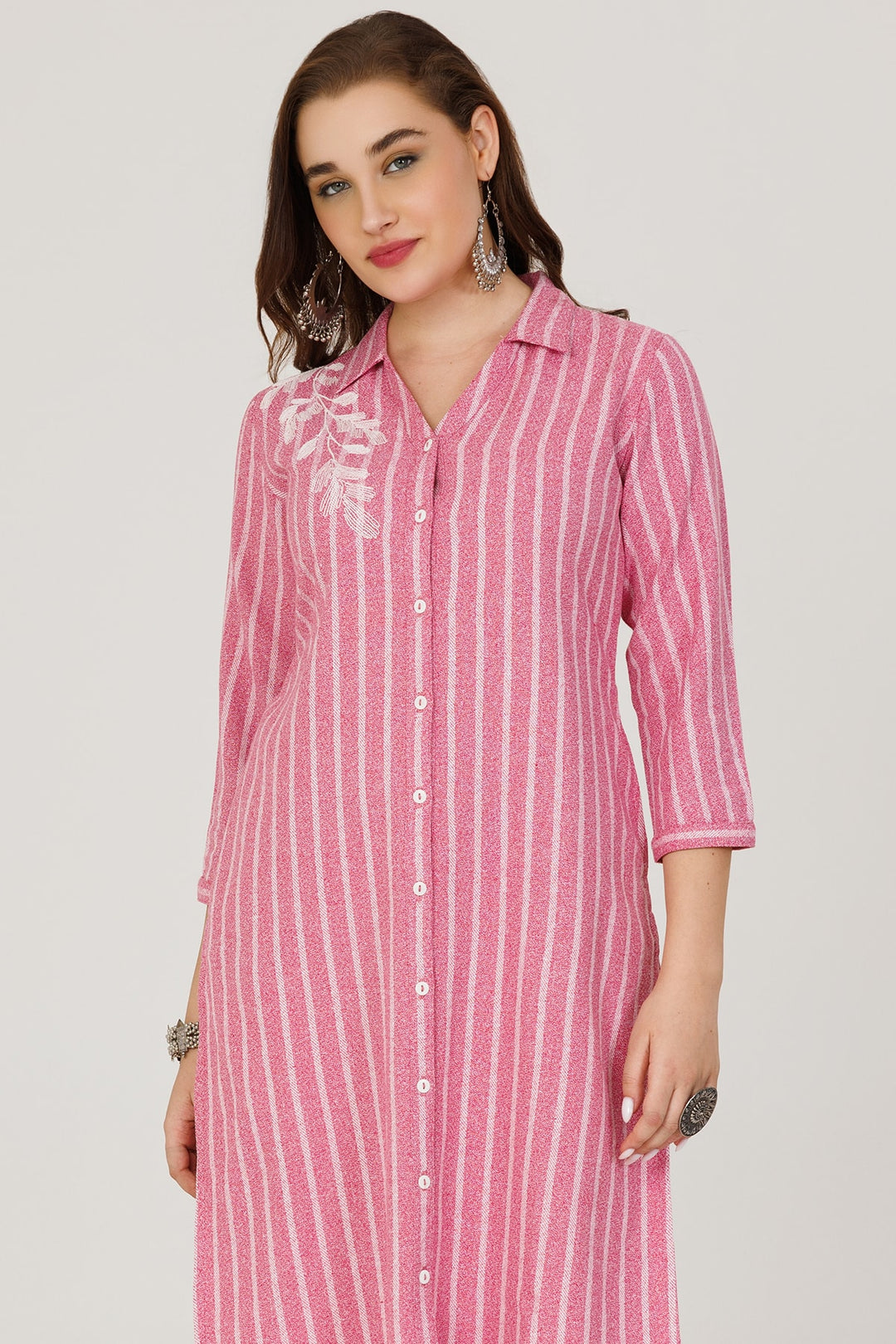 Pink Twill Stripe Winter Kurti with Embroidery and Front Slit