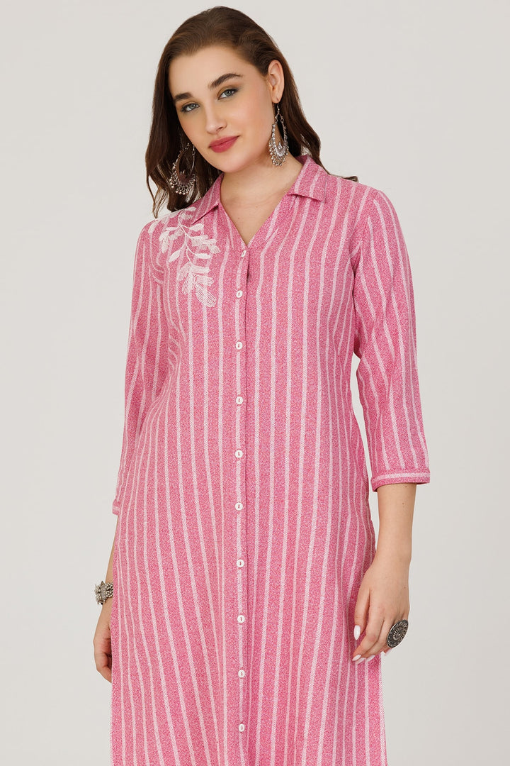 Pink Twill Stripe Winter Kurti with Embroidery and Front Slit