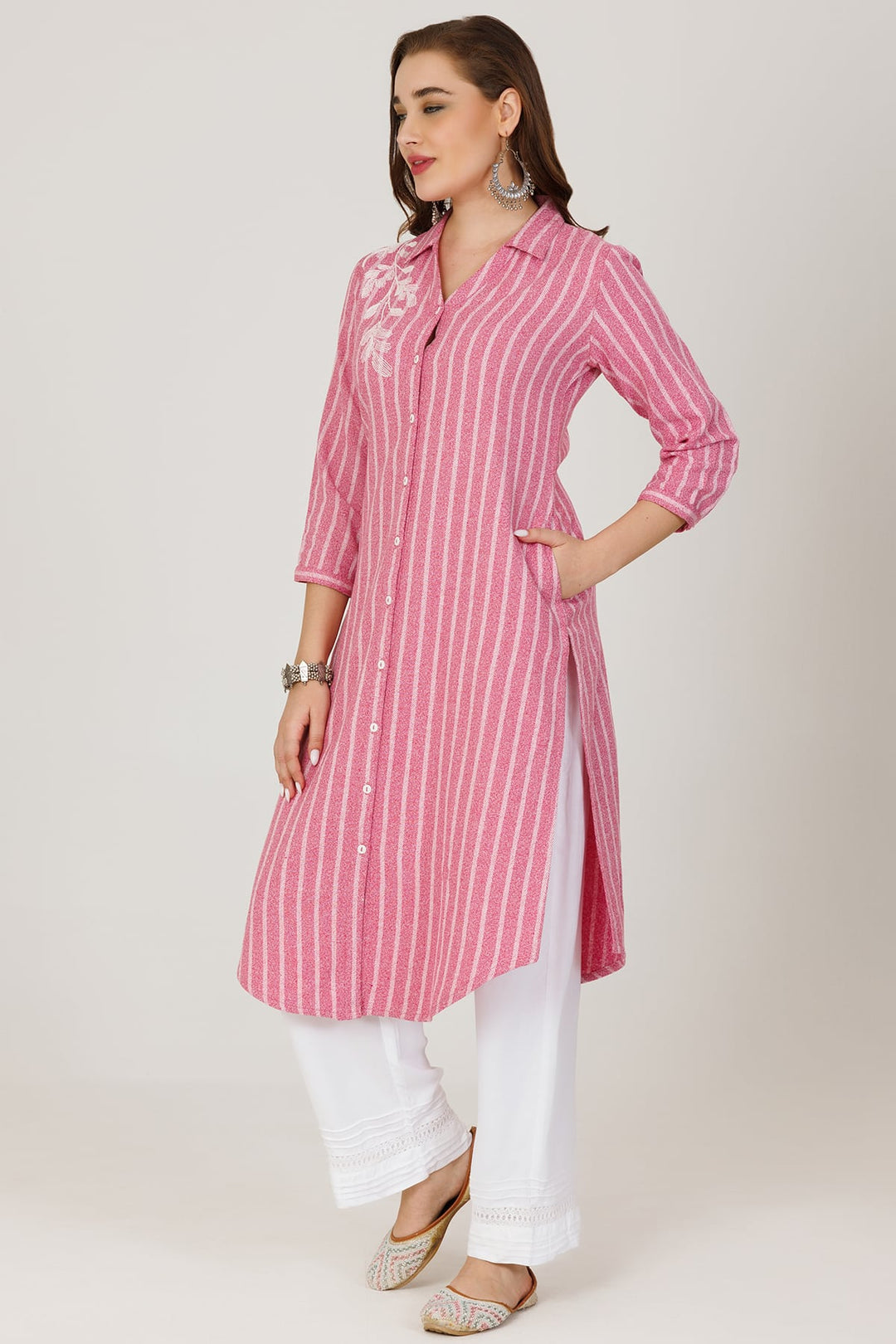Pink Twill Stripe Winter Kurti with Embroidery and Front Slit