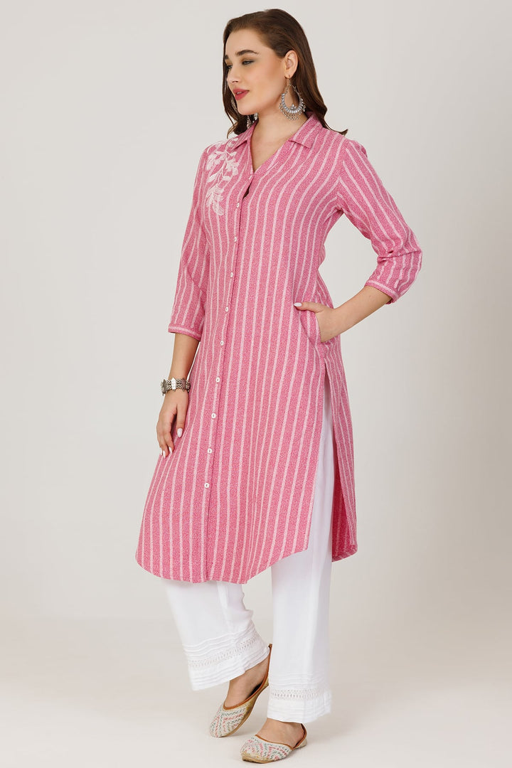 Pink Twill Stripe Winter Kurti with Embroidery and Front Slit