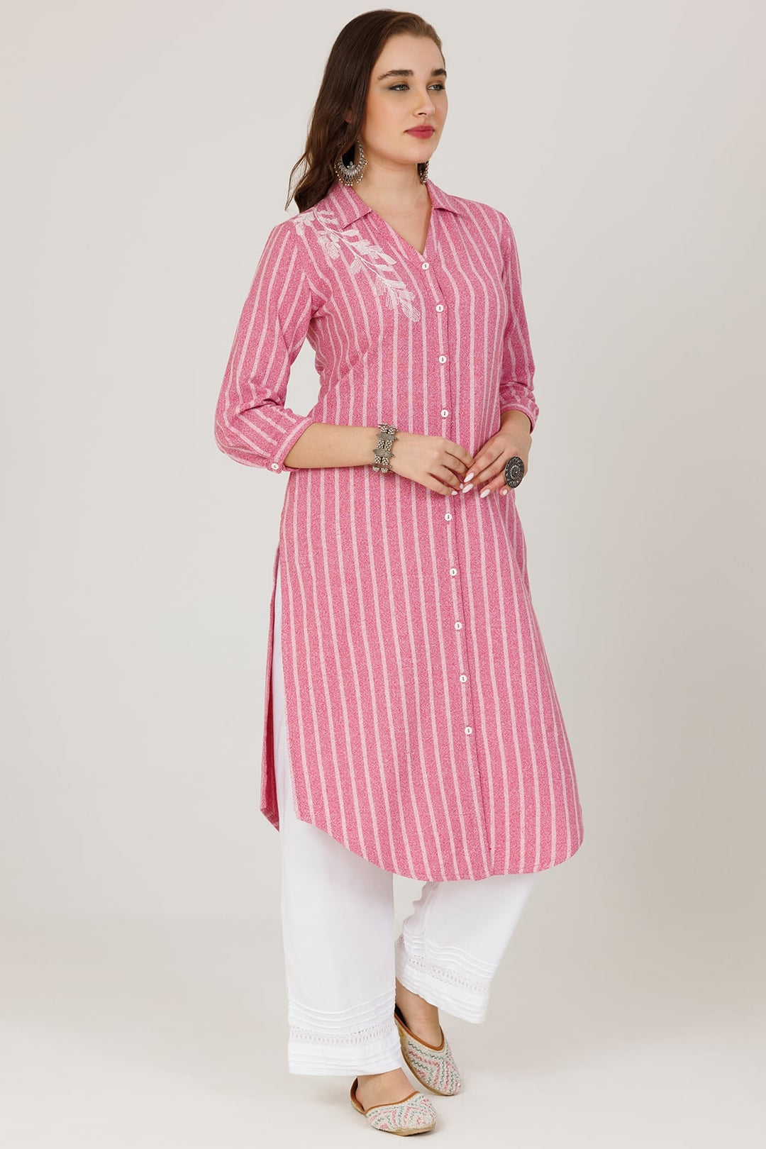 Pink Twill Stripe Winter Kurti with Embroidery and Front Slit