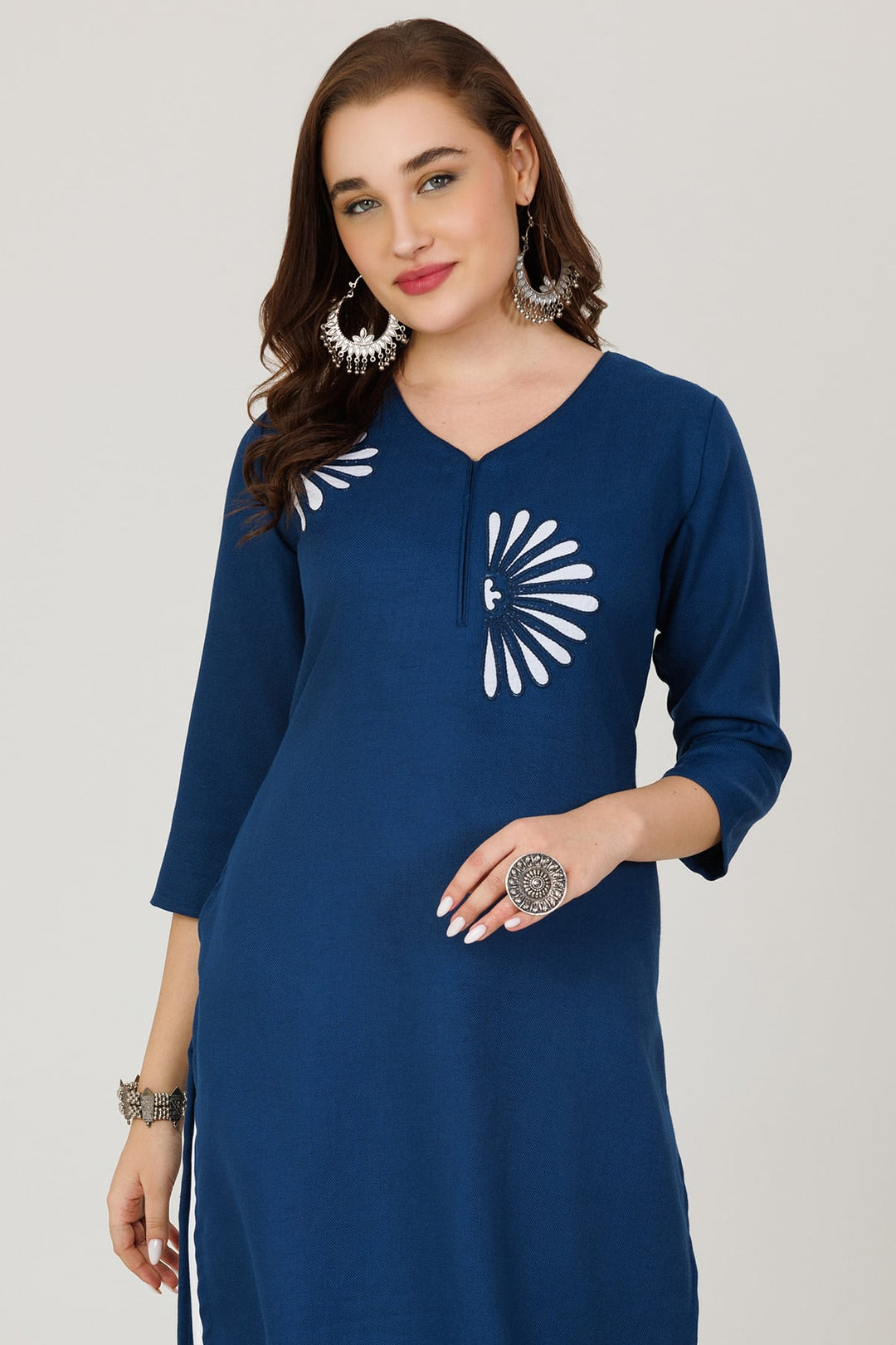 Blue Embroidered Pashmina Winter Kurti