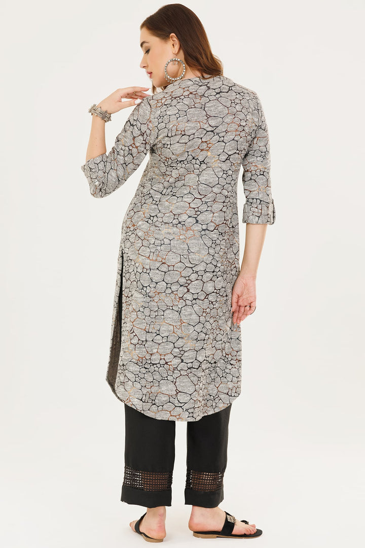 Grey Knitted Printed Winter Kurti
