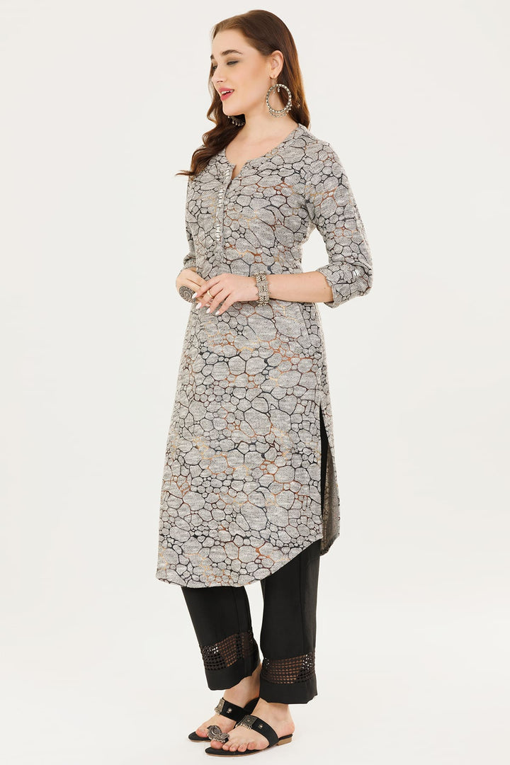 Grey Knitted Printed Winter Kurti