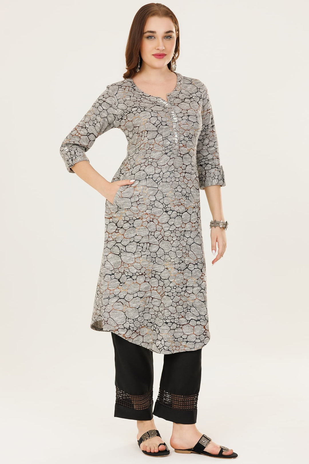 Grey Knitted Printed Winter Kurti