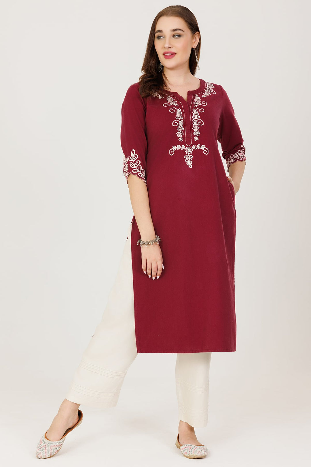 Embroidered Winter Kurti in Maroon Grace