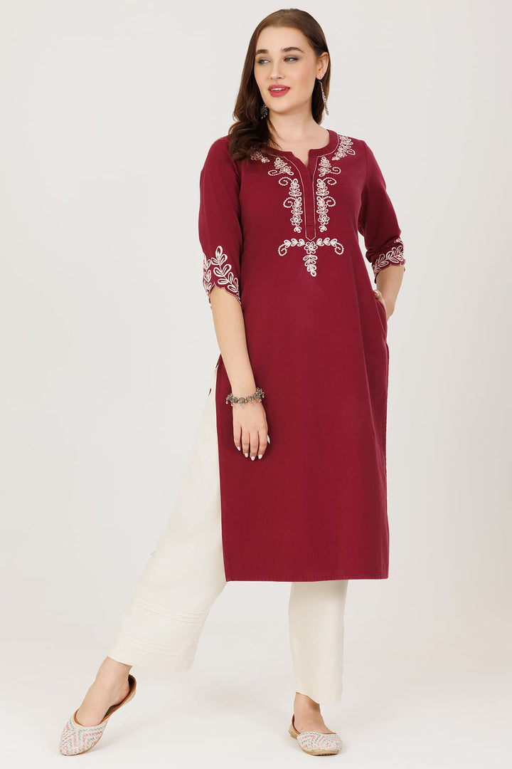 Embroidered Winter Kurti in Maroon Grace