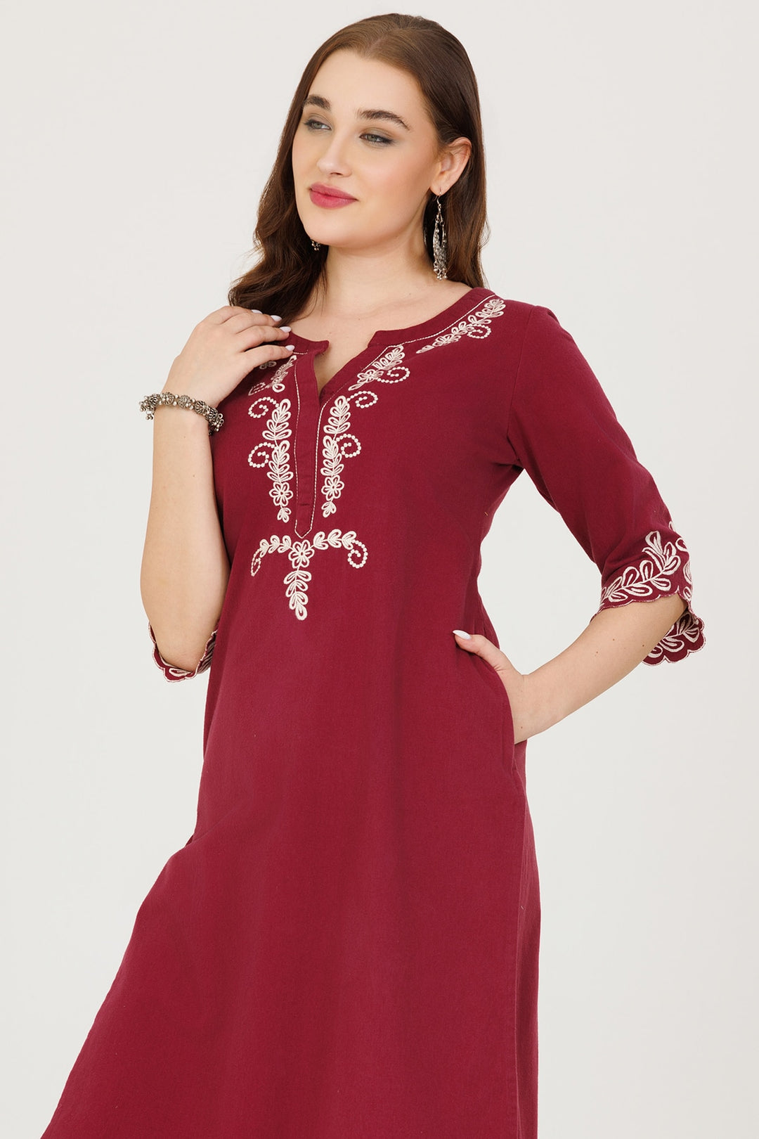 Embroidered Winter Kurti in Maroon Grace